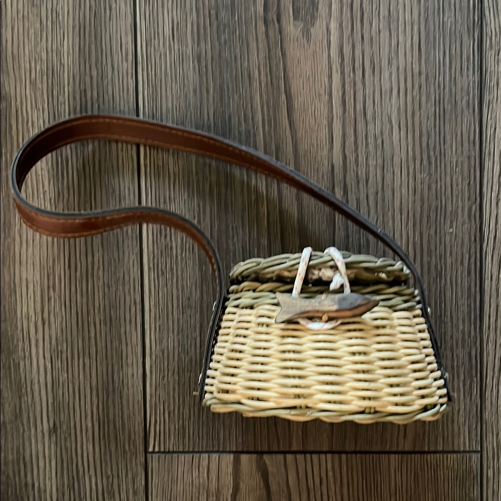 Vintage Boyds Bears Mini Woven Fisherman Basket, Leather Accents